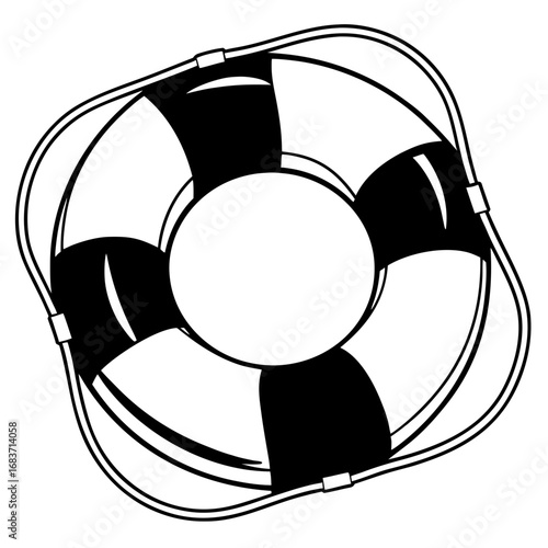 Illustration of a black and white life preserver with a rope and four black sections for safety at sea vector illustration