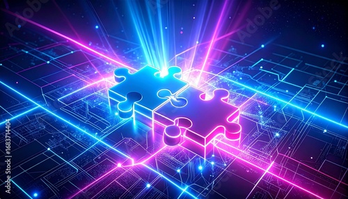 Pink and blue puzzle pieces interlocked on glowing circuit board with beam of light and neon tech background.