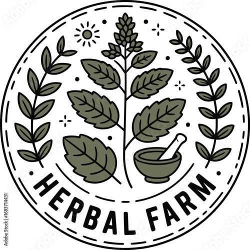 Herbal Farm Emblem with Medicinal Plant and Mortar Agriculture Badge Design