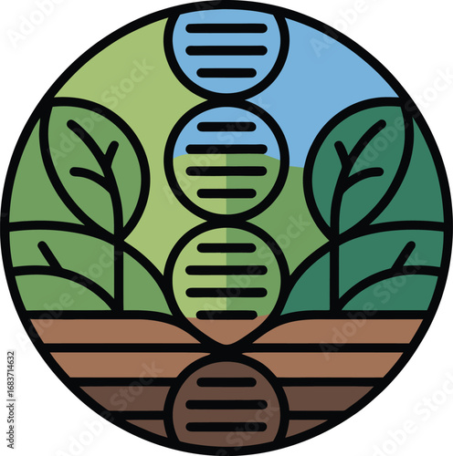 Genetic Agriculture Circle Icon: DNA Helix, Plants, and Fertile Soil Layers