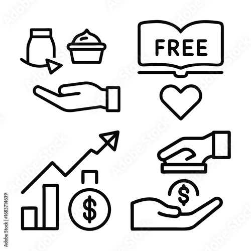 A collection of line art icons depicting a growing graph, hands offering money, a free book, and a jar with an arrow.