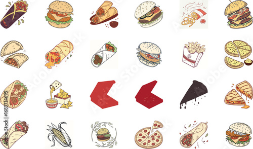 Hand drawn colorful fast food illustration bundle with burgers, cheeseburgers, pizza slices, tacos, burritos, shawarma wraps, sandwiches, french fries, nachos, garlic bread and snacks – cartoon junk f