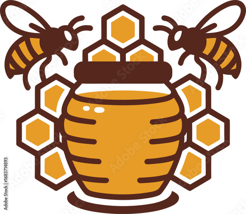 Honey Pot with Bees and Honeycomb Illustration for Apiary or Food Brand