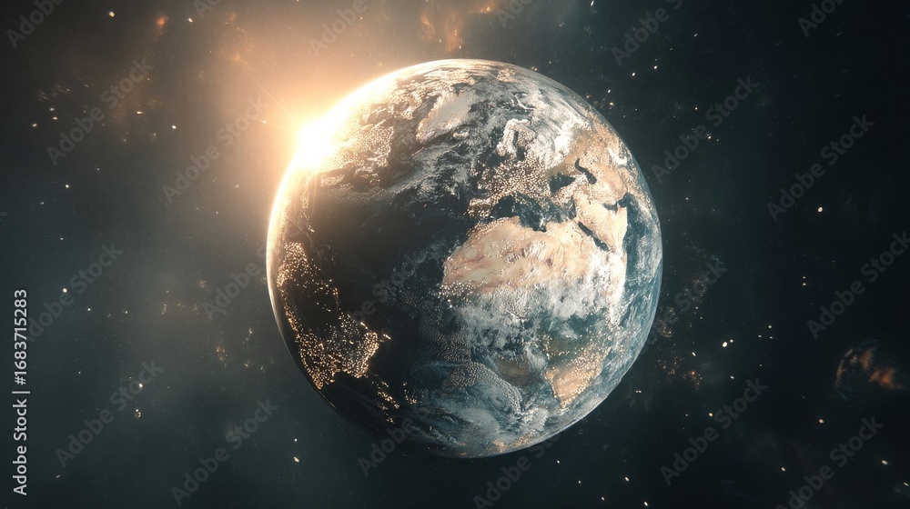Fototapeta premium Earth in space at night with city lights visible, sunrise or sunset casting warm glow over the planet,