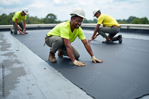 African-American Construction Team Installing Bitumen Membrane Waterproofing on Roof: Site Details and Installation