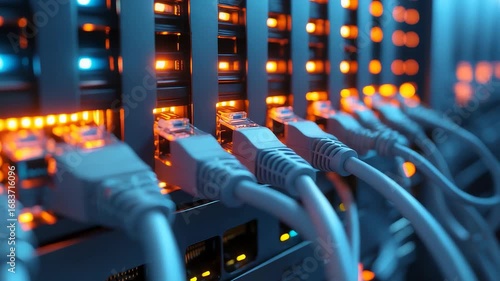 Network server rack with glowing orange LED indicators and multiple connected ethernet cables in modern data center technology setup