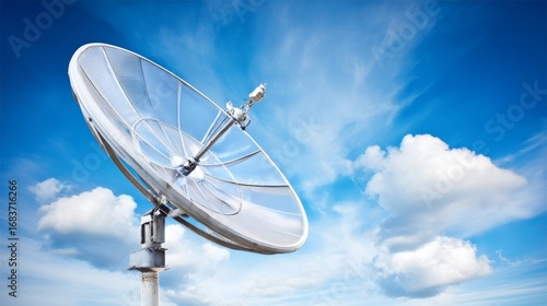 A large parabolic dish antenna stands against a vibrant blue sky with scattered white clouds,