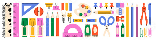 School stationery set. Supplies for studying, back to school elements pen, ruler, pencil, crayon, scissors, paints, cartoon kids stickers, flat school clipart. Vector collection