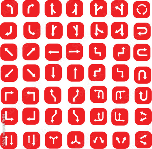 Red Traffic Direction Icons – Road Signs, Driving Navigation, and Wayfinding Symbols..eps