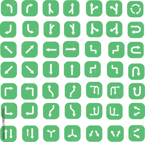 Green Traffic Direction Icon Set – Road Signs, Navigation, and Wayfinding Symbols..eps