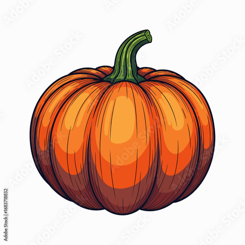 A Perfectly Ripe Round Orange Pumpkin With A Green Stem On A White Background