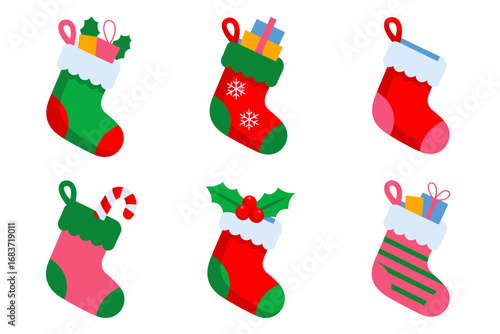 Festive holiday socks vector set, Christmas stockings with decorative gifts, cheerful seasonal illustration collection, holiday celebration graphics, winter packaging design elements