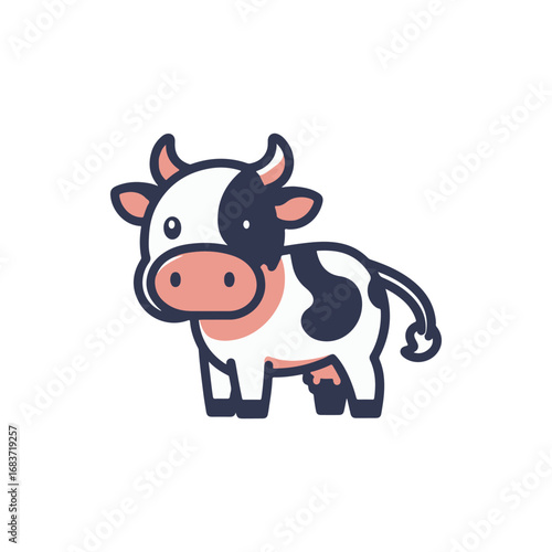A cute cartoon cow stands playfully in a bright, minimalist setting, perfect for children's design