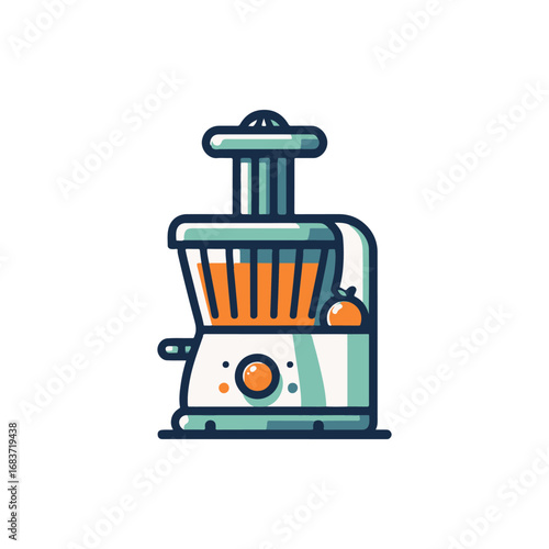 A modern kitchen juicer with vibrant orange juice flowing, set against a bright, minimalist background