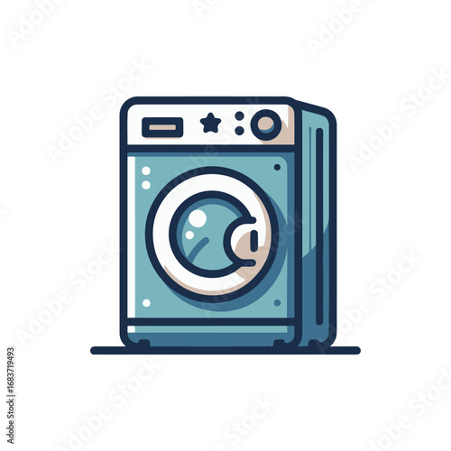 A modern washing machine in a bright laundry room with clean clothes and vibrant decor