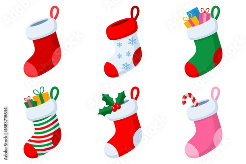 Festive holiday stockings vector illustration set, Christmas sock designs with gifts, colorful seasonal hanging decorations, cheerful celebration graphics