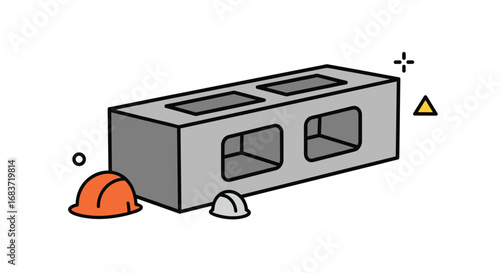 Construction site concrete block with hard hats and building materials symbolizing a project beginning