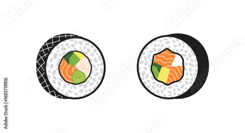 Two delicious sushi rolls with salmon avocado and cucumber ingredients shown