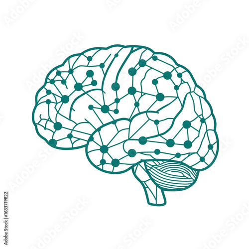 Brain illustration showcasing neural networks and cognitive functions, representing intelligence, thought processes, and human mind capabilities in a simplified graphic