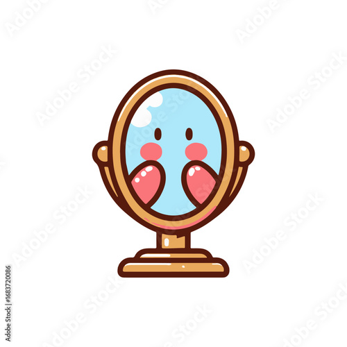 A whimsical cartoon mirror reflecting a cheerful character with rosy cheeks and a playful expression