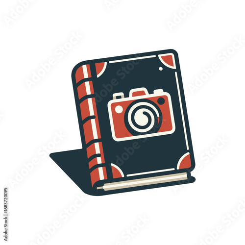 A vintage-style notebook featuring a camera illustration, placed on a clean surface with soft lighting