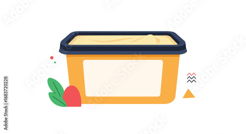 Yellow butter spread in a rectangular plastic container with a dark blue lid and blank label for text