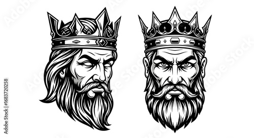 Two king portraits with crowns and beards in a graphic novel style illustration isolated on a white plane