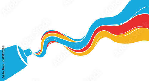 Vibrant ribbons of paint flow from an open tube creating a colorful abstract design