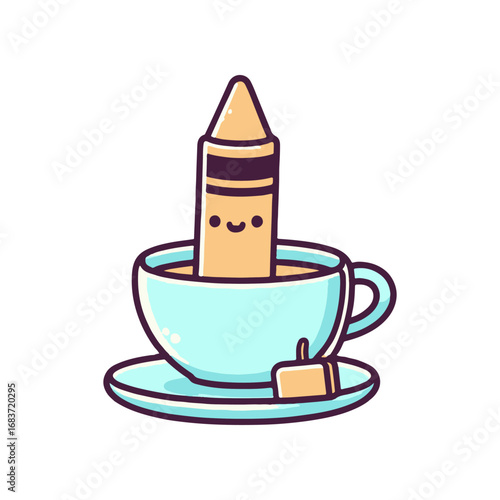 A whimsical illustration of a smiling crayon in a teacup with a teabag on the saucer