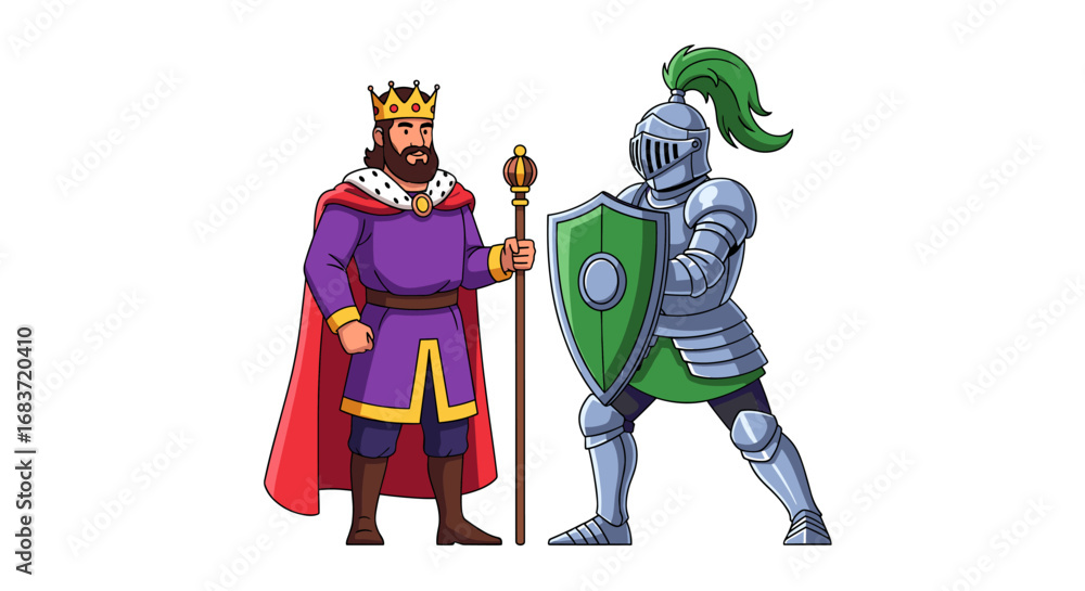Fototapeta premium Cartoon depiction of a king with a scepter and a knight holding a shield standing together