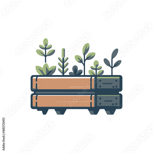 A wooden planter box filled with various green plants, set against a clean white background