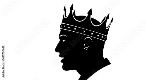 Silhouette of a person wearing a crown, facing left, presented against a white setting
