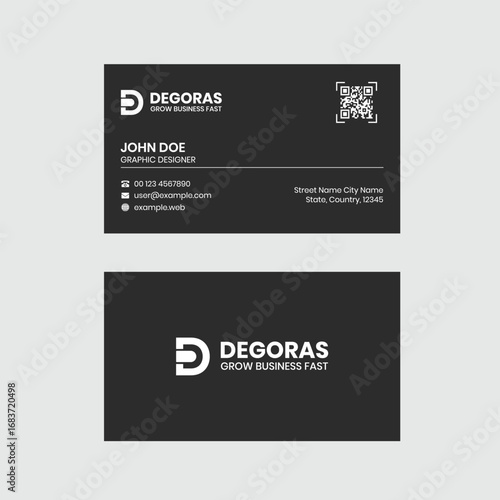 Modern black business card design with logo and qr code