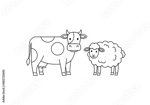 A cow with spots and a sheep standing next to each other in a cartoon style illustration art