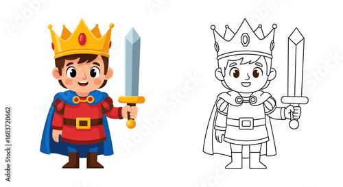 Cartoon king holding a sword with a coloring page version of the king next to it