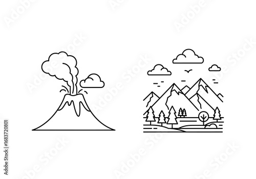 Line drawings showing a volcano erupting and a mountain range with trees and clouds above them