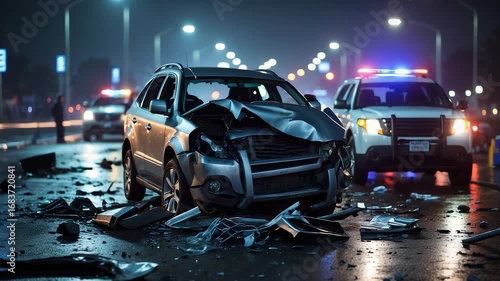 Car accident scene with a damaged vehicle and police presence on a dark city street at night