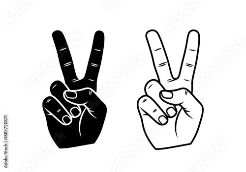 Two hands displaying the peace sign one filled and one outlined against a white presentation area