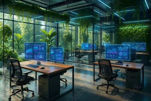 Futuristic green office with advanced technology and lush indoor plants