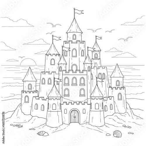 Wallpaper Mural Detailed line drawing of a majestic sandcastle near the ocean with birds and clouds in the sky above it Torontodigital.ca
