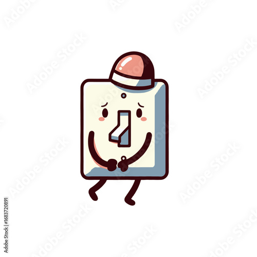 Cartoon light switch character wearing a hat, expressing emotions, standing alone on a white background