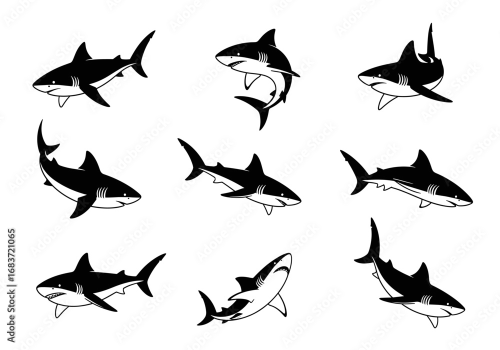 Fototapeta premium Nine shark illustrations displayed in a grid pattern with varying poses and orientations shown here
