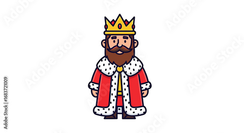 Illustration of a cartoon king with a golden crown and red and white robe standing upright