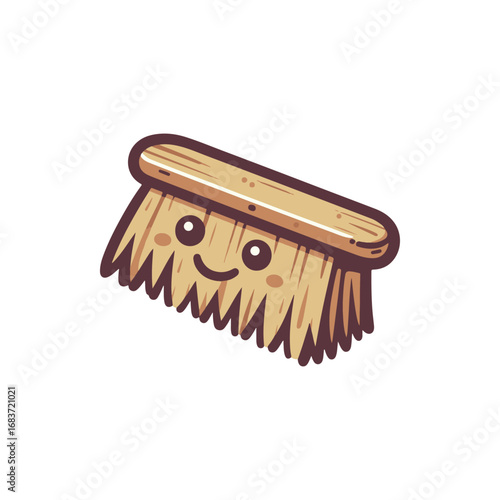 Cartoonish smiling broom character with wooden handle and bristles on a white background