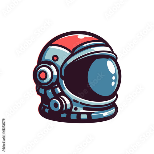 Cartoon-style astronaut helmet with a glossy visor, set against a simple white background