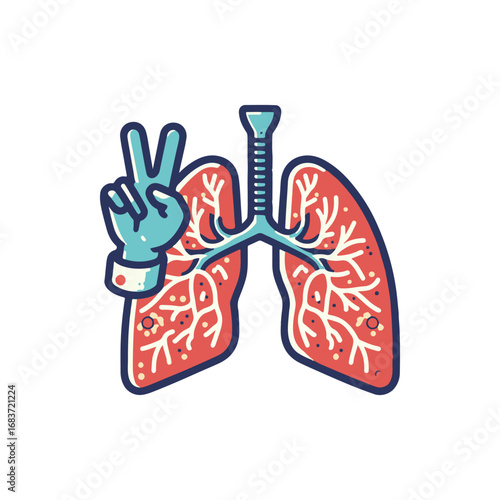 Cartoon-style illustration of lungs with a peace sign hand, symbolizing health and harmony