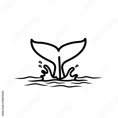 Whale tail emerging from the water with splashing waves in a line drawing illustration style art