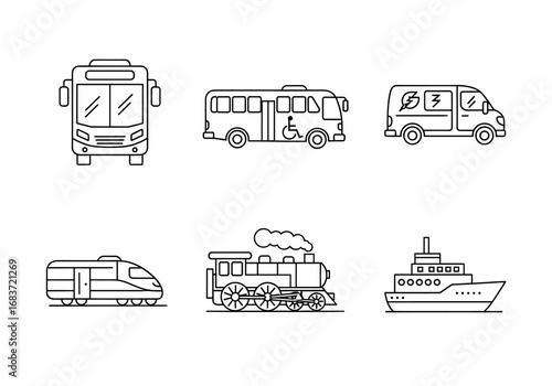 Line art illustrations depicting various modes of transportation vehicles in a grid arrangement