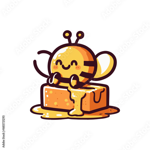 Cheerful cartoon bee happily sitting on a honey block, with honey dripping, creating a playful scene