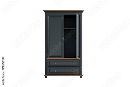 Dark blue wooden wardrobe with two doors and two drawers isolated on transparent background
